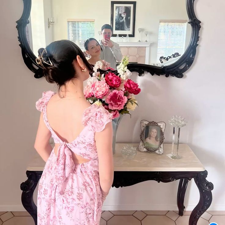Sweet And Retro Pink Floral A-line Ruffled V-neck Chiffon Long Prom Dress Evening Dress
