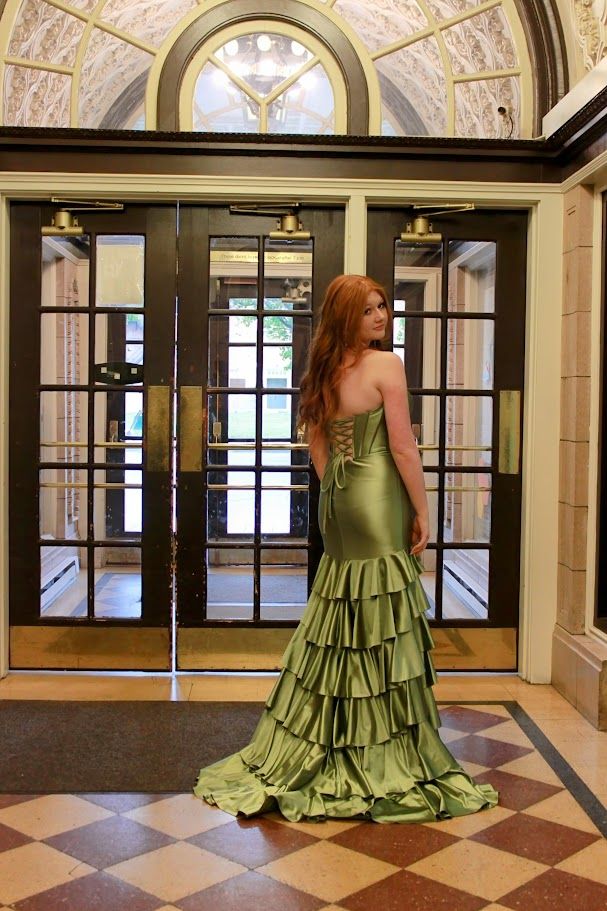Elegant Green Mermaid Layered Ruffled Strapless Satin Slit Long Prom Dress Evening Dress