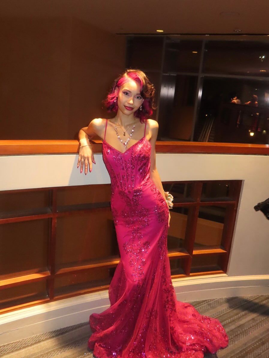 Gorgeous Rose Red Mermaid Trail Deep V Strap Sequined Long Prom Dress Evening Dress