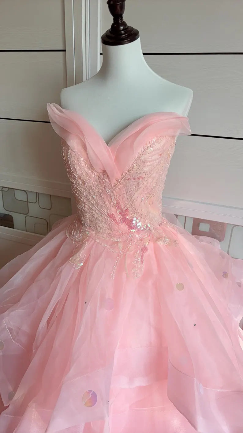 Dreamy Princess Pink Strapless Sequined Beaded Layered Tulle Ball Gown Evening Dress