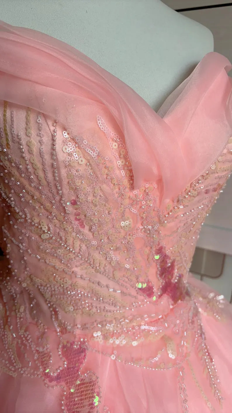Dreamy Princess Pink Strapless Sequined Beaded Layered Tulle Ball Gown Evening Dress