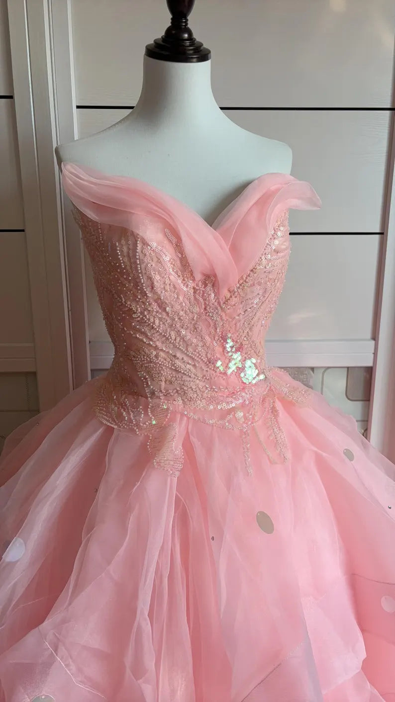Dreamy Princess Pink Strapless Sequined Beaded Layered Tulle Ball Gown Evening Dress