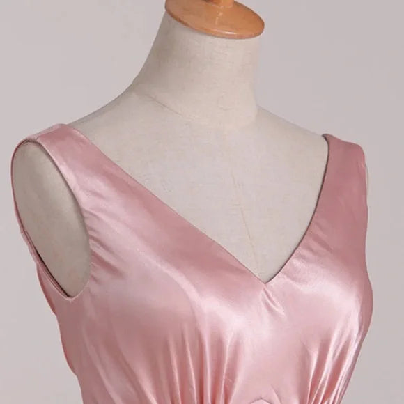 Simple Pink A-line Deep V Bow Backless Satin Long Prom Dress Evening Dress Bridesmaid Dress