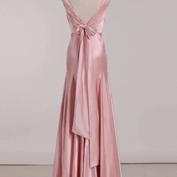 Simple Pink A-line Deep V Bow Backless Satin Long Prom Dress Evening Dress Bridesmaid Dress