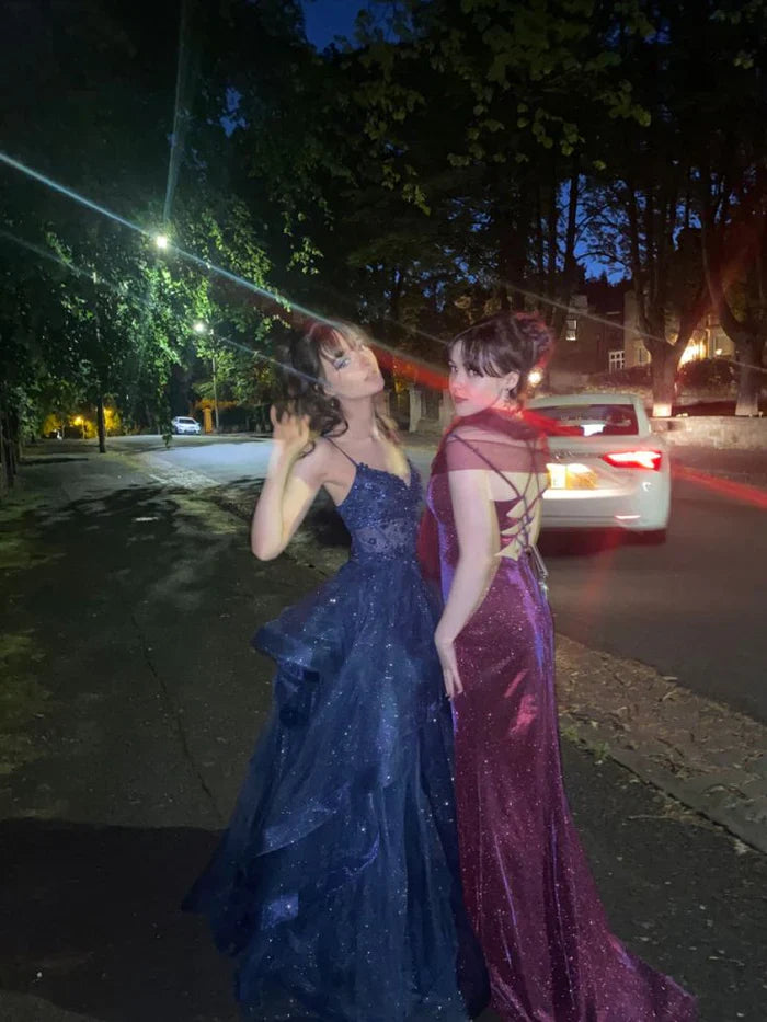 Dreamy Princess Navy Blue A-line V-neck Spaghetti Strap Layered Tulle Long Prom Dress Evening Dress Bridesmaid Dress