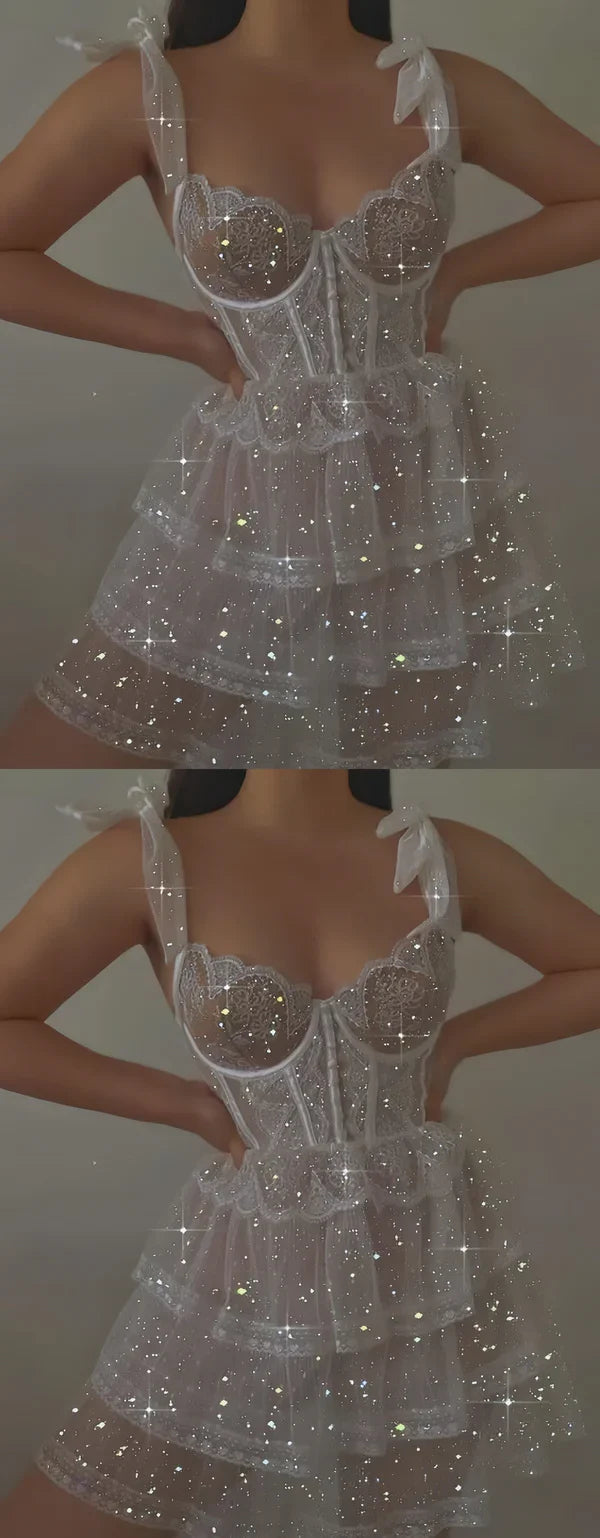 Sweet White Glitter Bow Strap Tulle A-line 16th Birthday Homecoming Dress