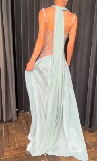 Elegant Light Blue A-line Rhinestone Deep V Halter Neck Chiffon Long Prom Dress Evening Dress