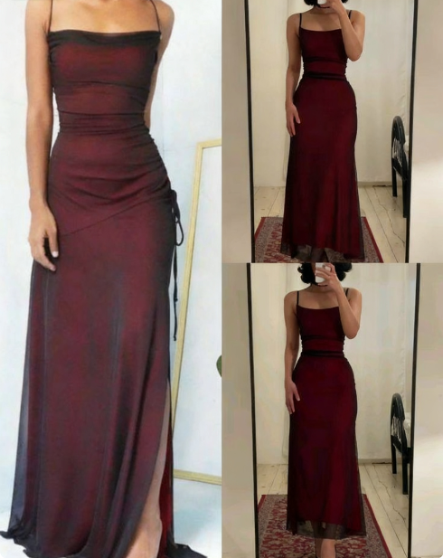 Simple Burgundy Mermaid Square Neck Halter Tulle Long Prom Dress Evening Dress