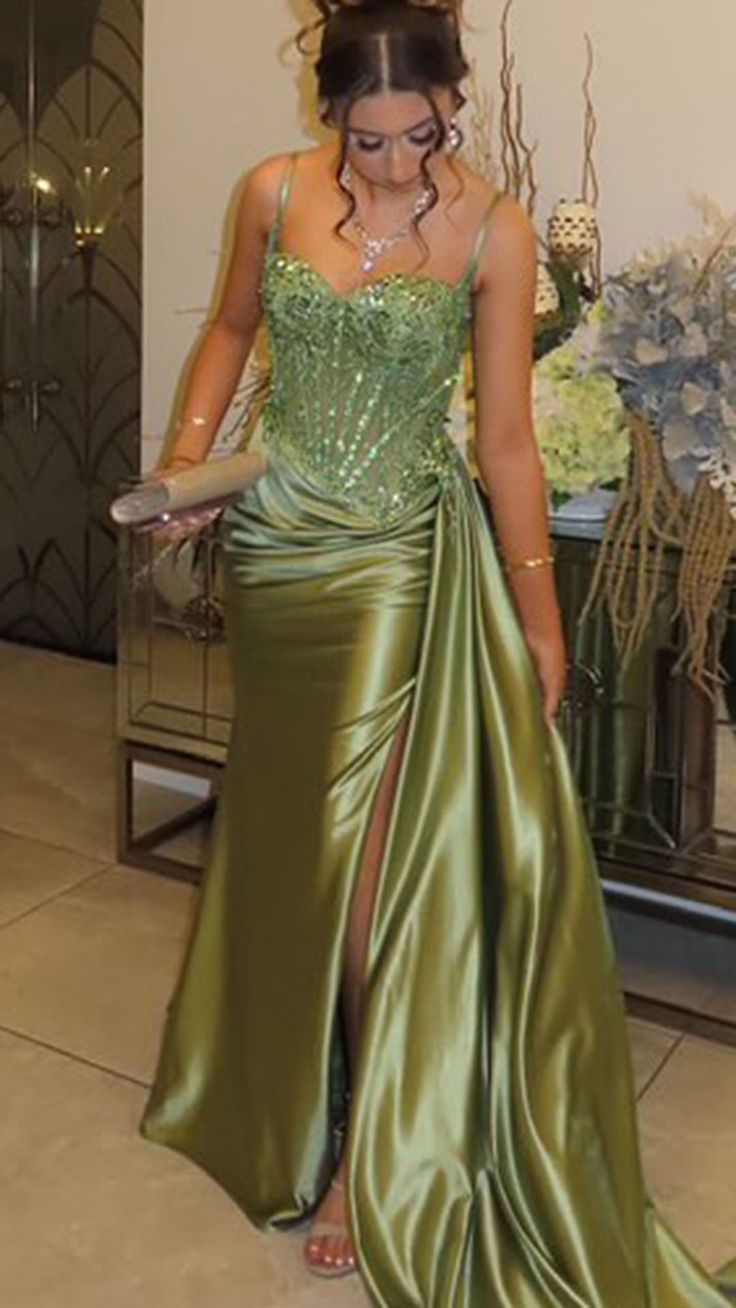 Elegant Spaghetti Straps Sage Green Satin Pleated Mermaid Evening Dress Slit Long Wedding Guest Dress