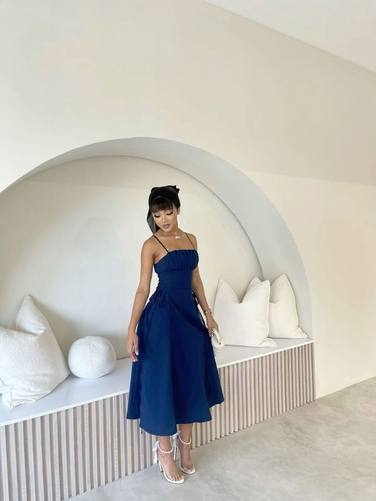 Simple A line Spaghetti Straps Blue Sleeveless Prom Dress Formal Evening Dresses