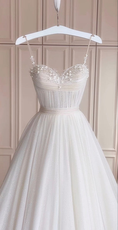 Simple A line Spaghetti Straps White Sleeveless Long Prom Dress Formal Evening Dresses
