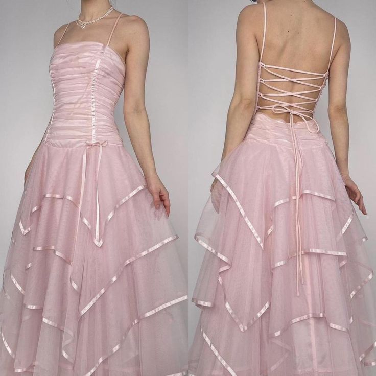 Sweet Light Pink A-line Multi-layer Cake Spaghetti Strap Organza Long Prom Dress Evening Dress Bridesmaid Dress