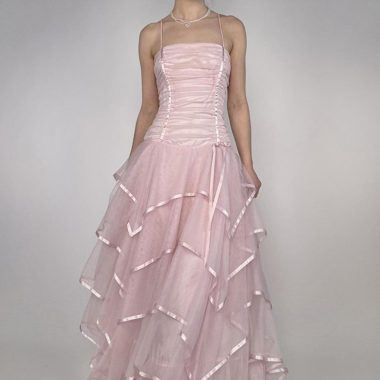 Sweet Light Pink A-line Multi-layer Cake Spaghetti Strap Organza Long Prom Dress Evening Dress Bridesmaid Dress