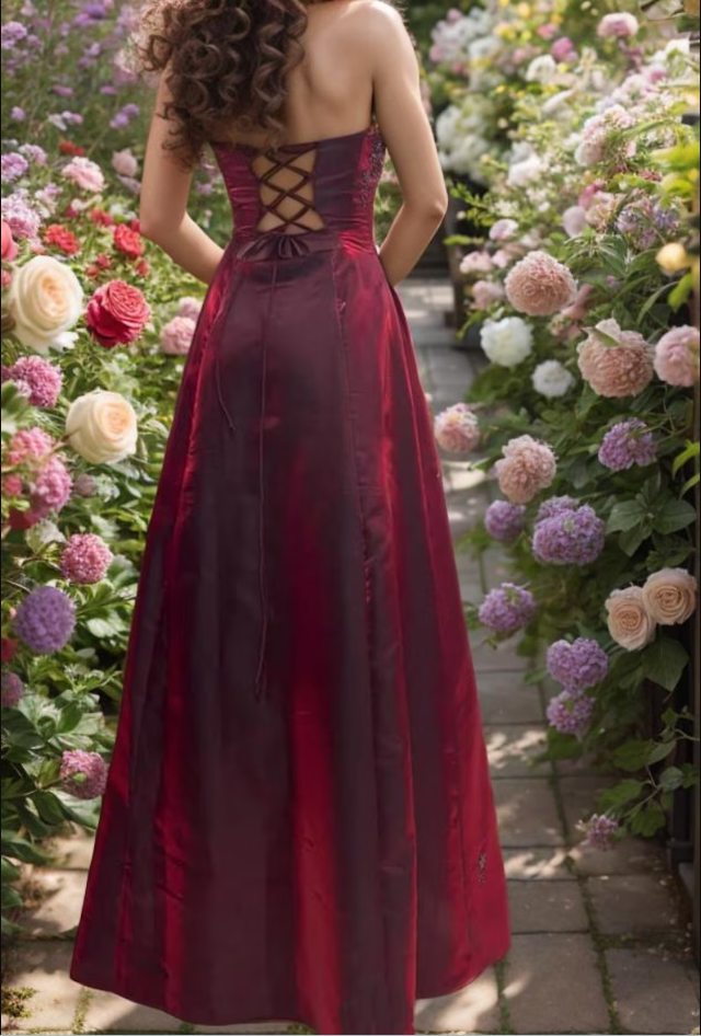 Vintage Burgundy A-line Strapless Tulle Long Prom Dress Evening Dress