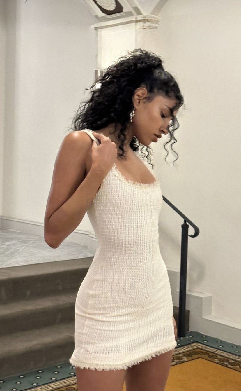 Elegant White Square Neck Tweed Slim Fit Hip 17th Birthday Homecoming Dress