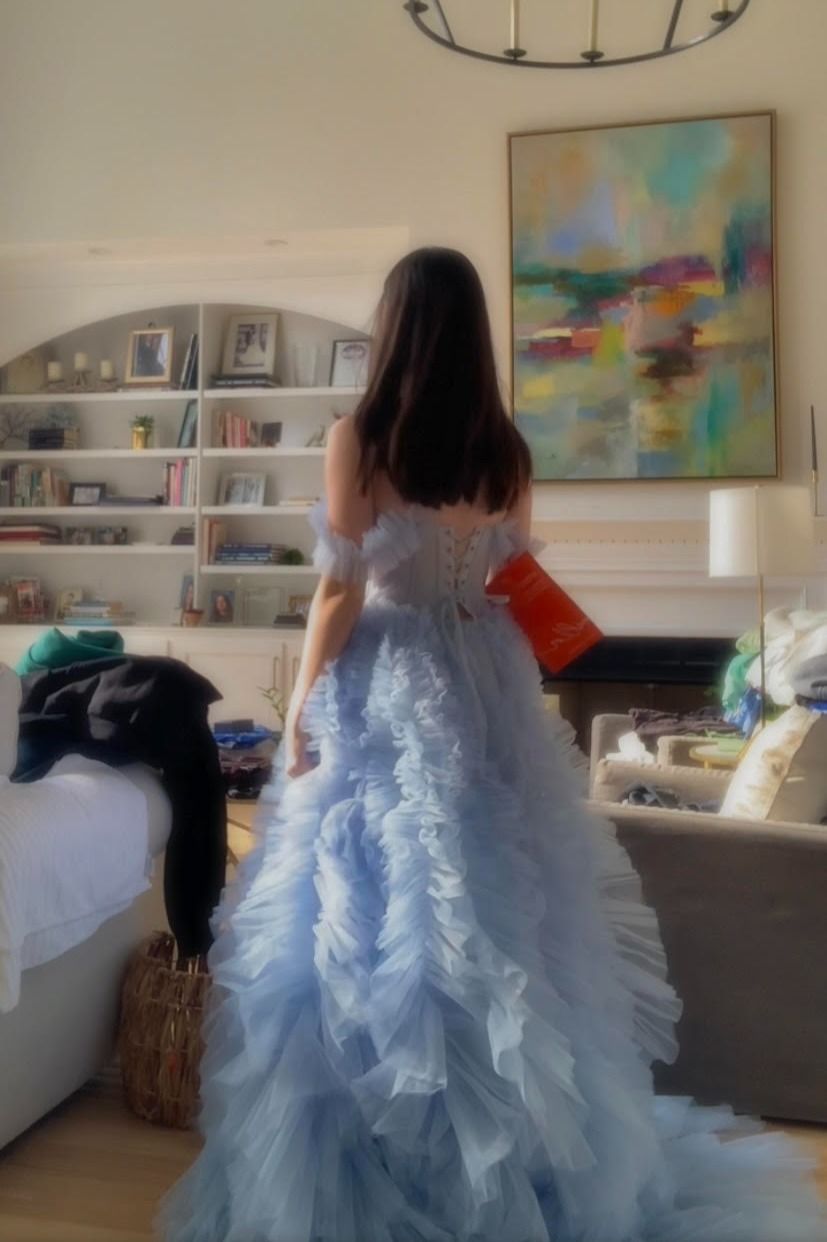 Fantasy Princess Light Blue Off-shoulder Layered Tulle Ball Gown Evening Dress