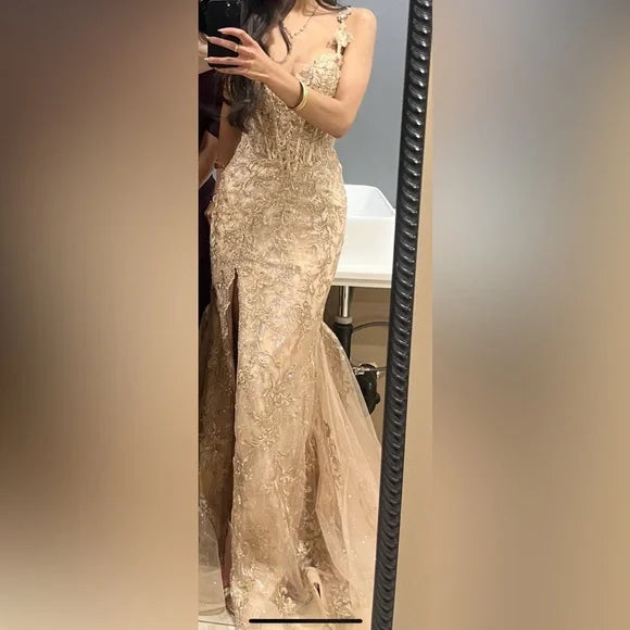 Elegant Champagne Mermaid V-neck Sequin Embroidered Slit Prom Dress Evening Dress