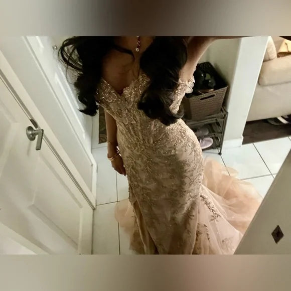 Elegant Champagne Mermaid V-neck Sequin Embroidered Slit Prom Dress Evening Dress
