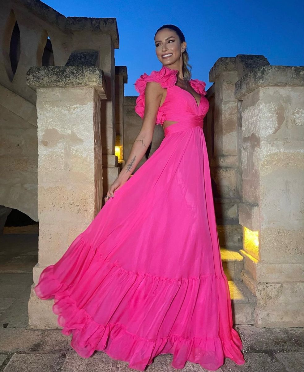 Gorgeous Hot Pink A-line Deep V-neck 3D Flower Back Strap Chiffon Long Prom Dress Evening Dress