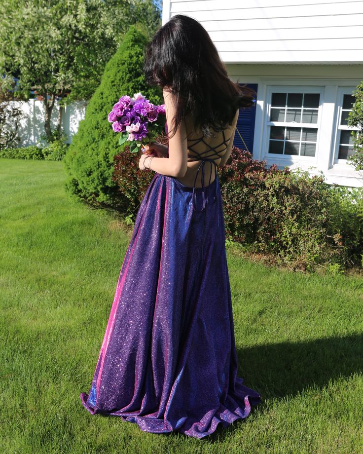 Fluorescent Purple And Pink Gradient A-line Deep V Strap Sequin Long Prom Dress Evening Dress