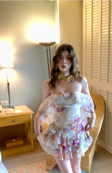 Fresh Colorful Printed One-shoulder Ruffled Chiffon 17th Birthday Homecoming Dress