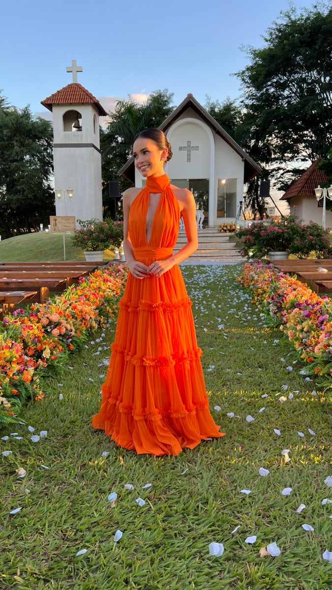Elegant Bright Orange A-line High Collar Halter Neck Chest Hollow Chiffon Long Prom Dress Evening Dress