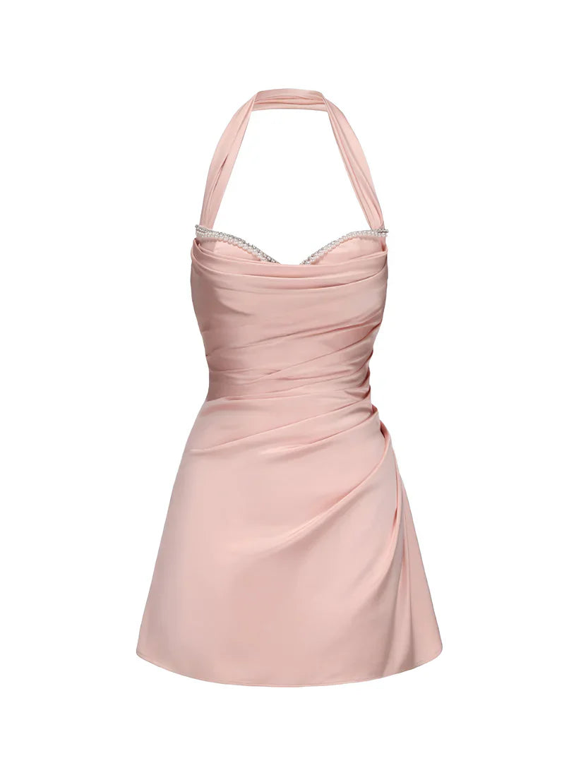 Elegant Pink Halterneck Satin Pleated Hip-hugging 17th Birthday Homecoming Dress