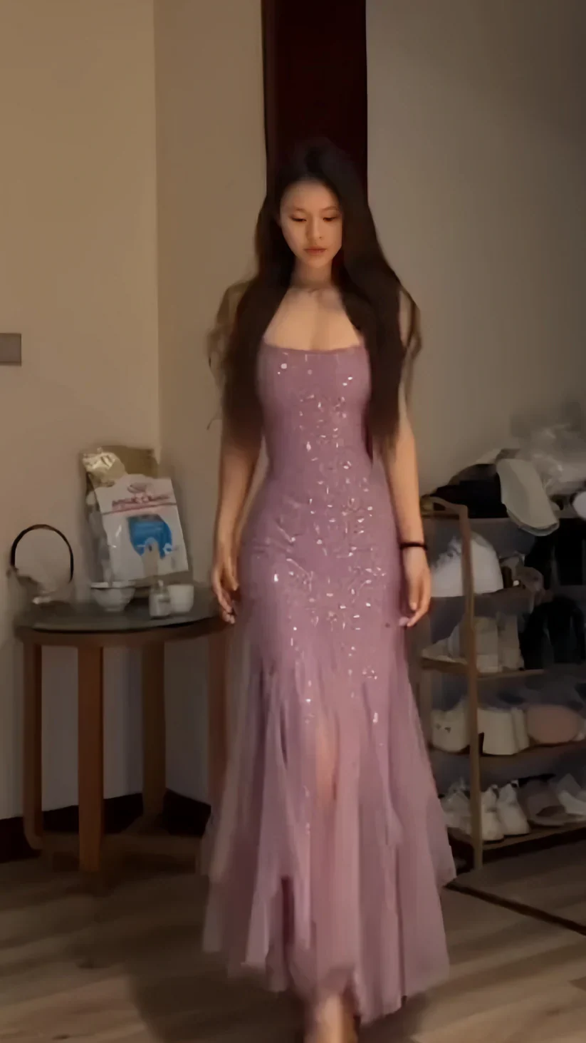 Elegant Purple Mermaid Off-shoulder Strap Sequin Chiffon Long Prom Dress Evening Dress