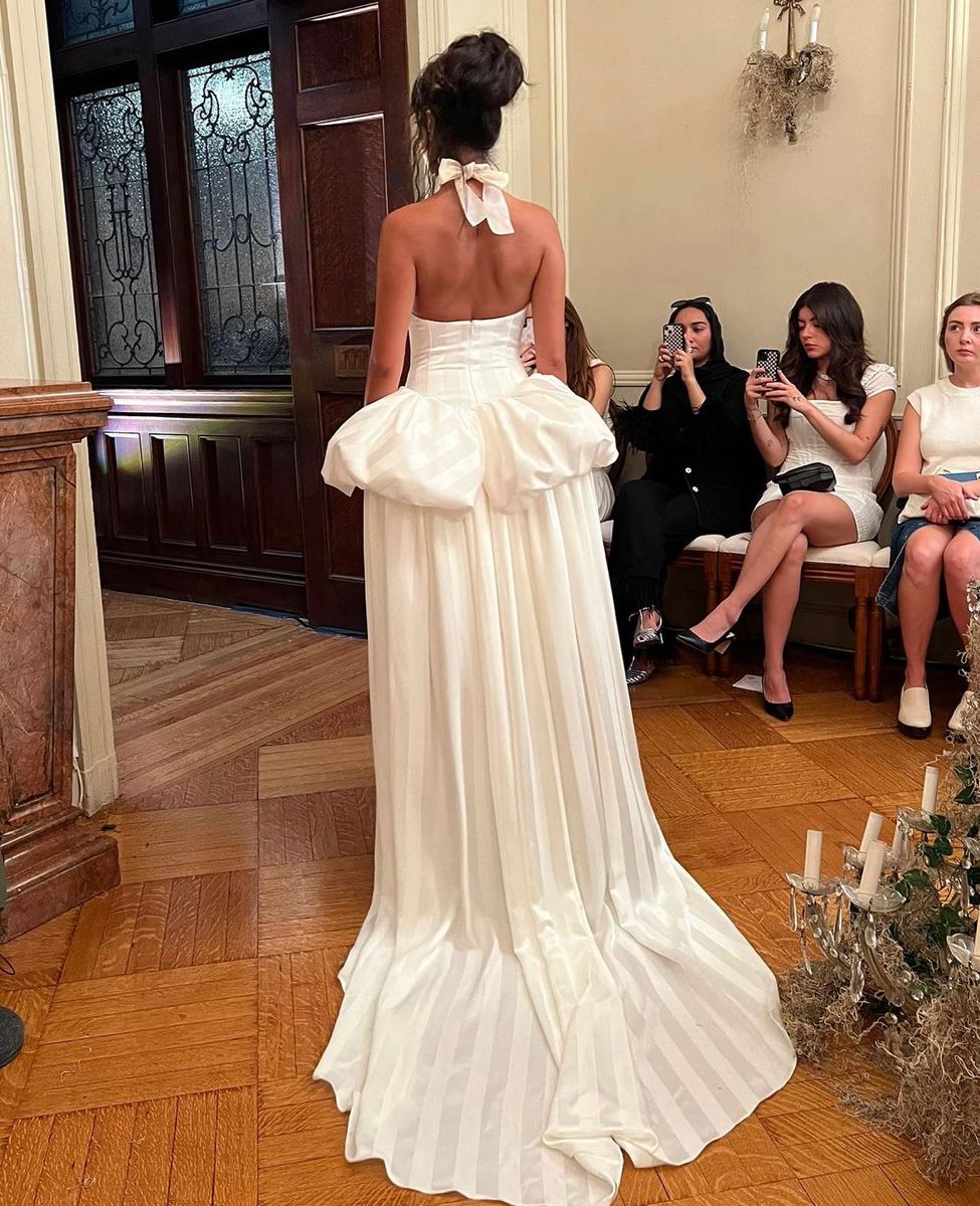 Vintage White Strapless Bow Tie Satin Train Evening Dress Wedding Dress