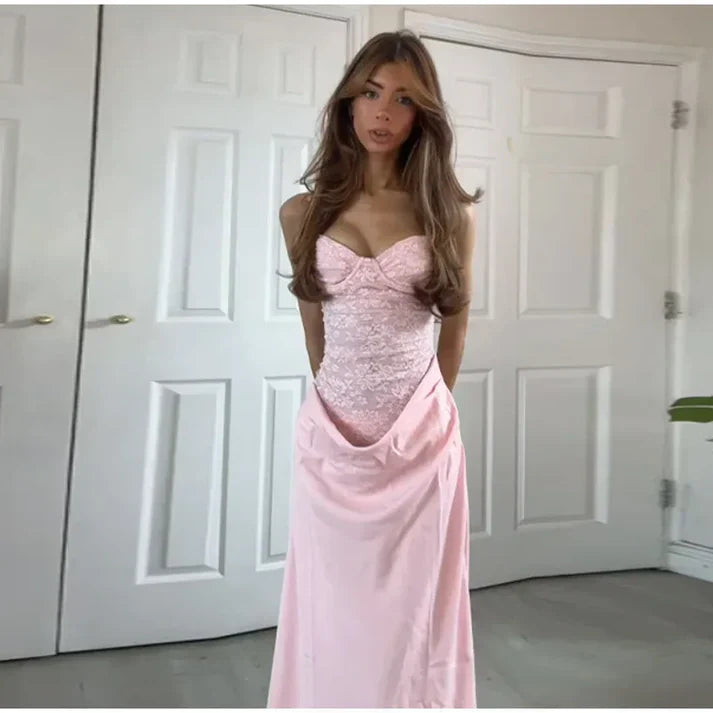 Elegant Pink Mermaid Strapless Lace Satin Long Prom Dress Evening Dress Bridesmaid Dress