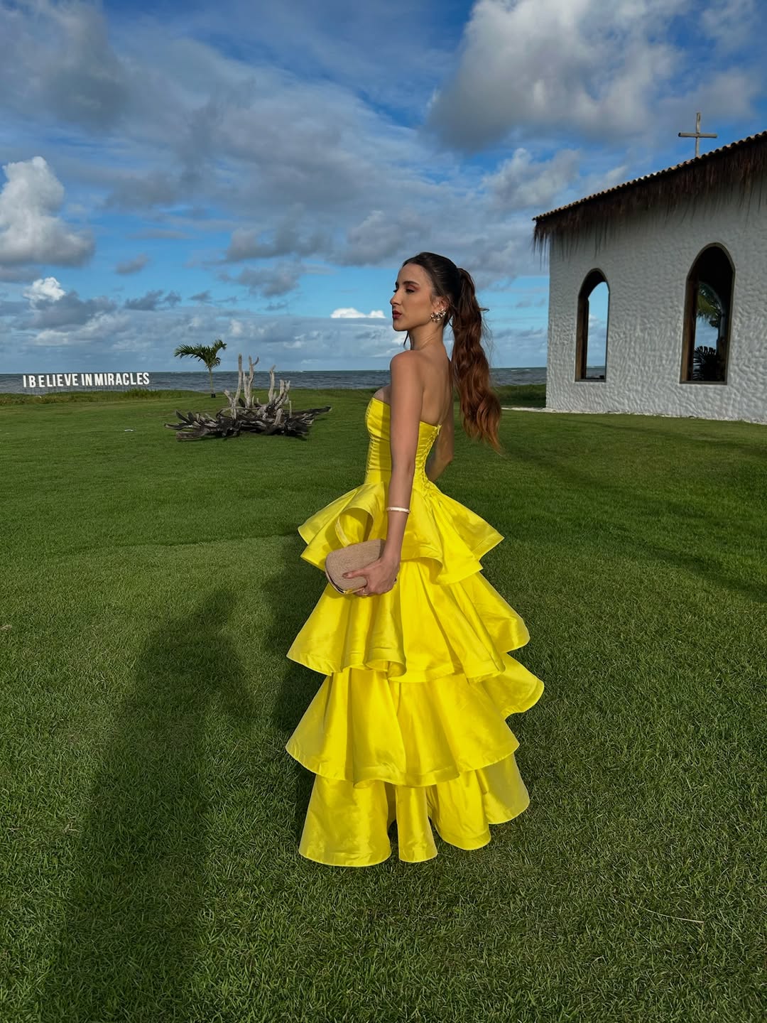 Elegant Yellow A-line Strapless Multi-layered Ruffled Satin Long Prom Dress Evening Dress