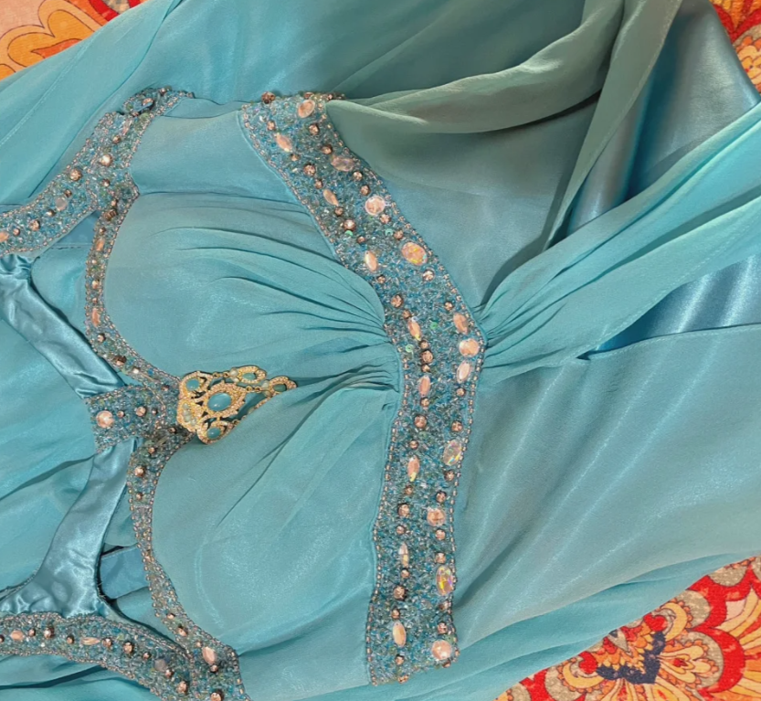 Retro Blue Satin Chiffon Beaded Mermaid Long Evening Dress Formal Wedding Guest Dress