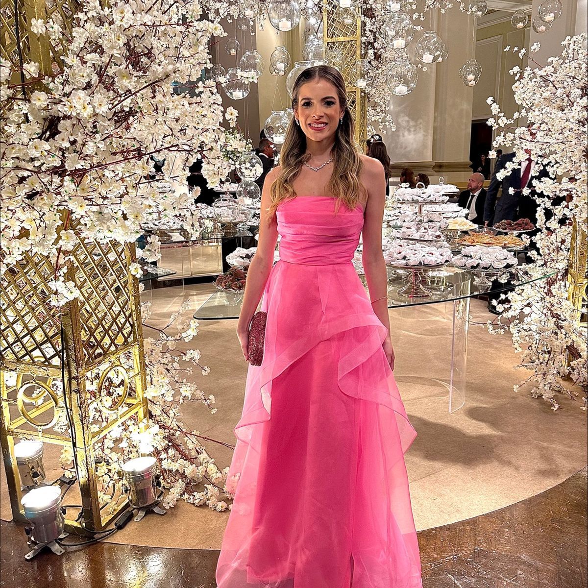 Elegant Rose Pink A-line Irregular Tube Top Organza Long Prom Dress Evening Dress