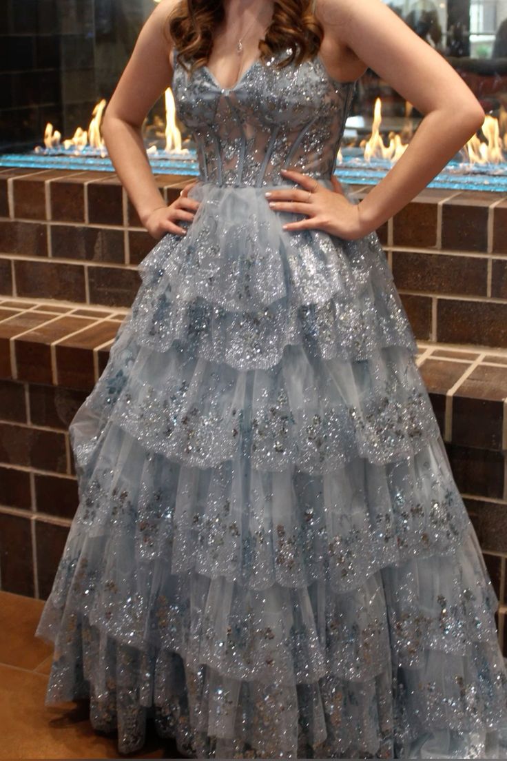 Dreamy Blue A-line Strappy V-neck Ruffled Sequined Tulle Long Prom Dress Evening Dress