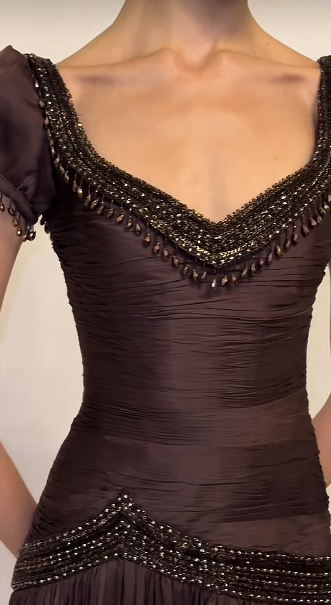 Retro Elegant Dark Brown Fitted V-neck Beaded Chiffon Long Prom Dress Evening Dress