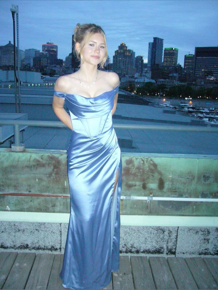 Elegant Blue Mermaid Off-Shoulder Slit Satin Long Prom Dress Evening Dress