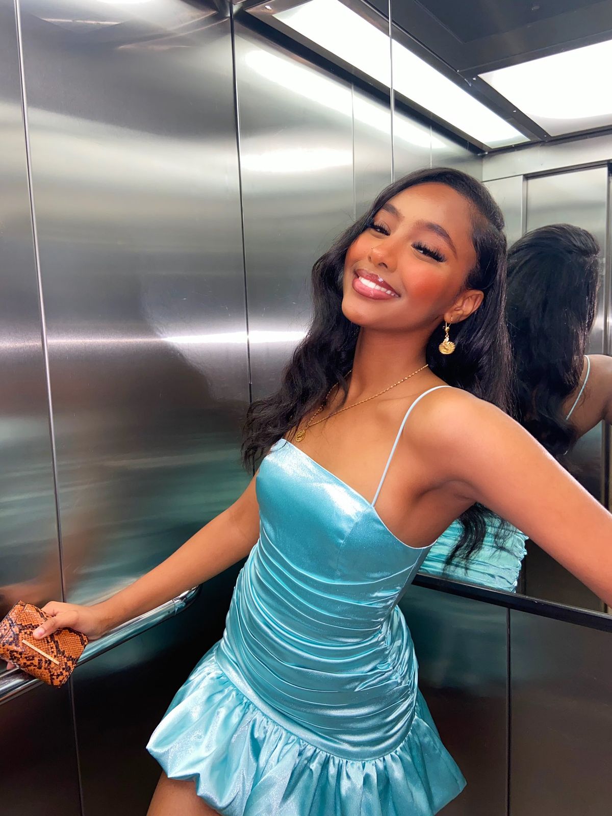 Simple Sky Blue Suspender Square Neck Pleated Bud Satin 16th Birthday Homecoming Dress