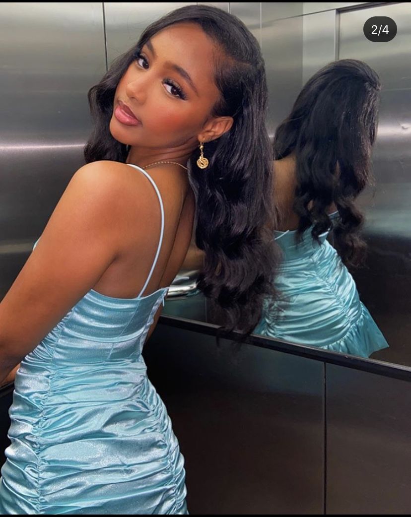 Simple Sky Blue Suspender Square Neck Pleated Bud Satin 16th Birthday Homecoming Dress
