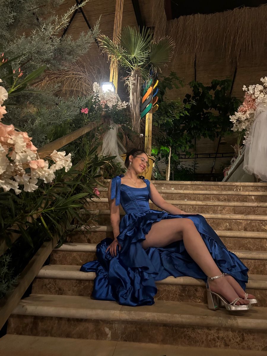 Elegant Royal Blue A-line Bow Strap Square Neck Ruffle High Slit Satin Prom Dress Evening Dress