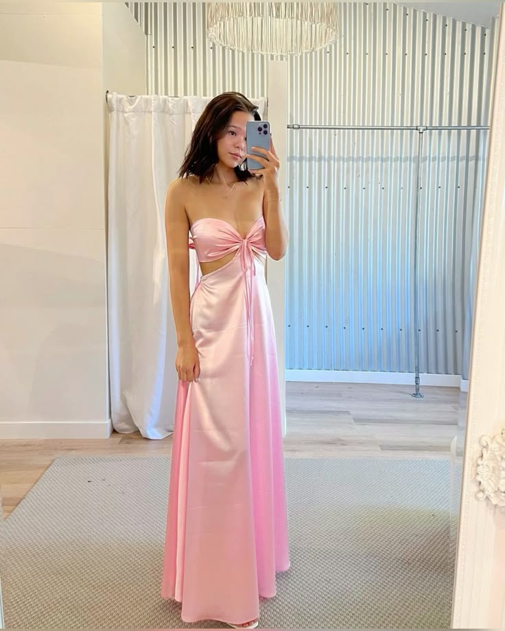 Simple Pink A-line Strapless Cutout Satin Long Prom Dress Evening Dress Bridesmaid Dress