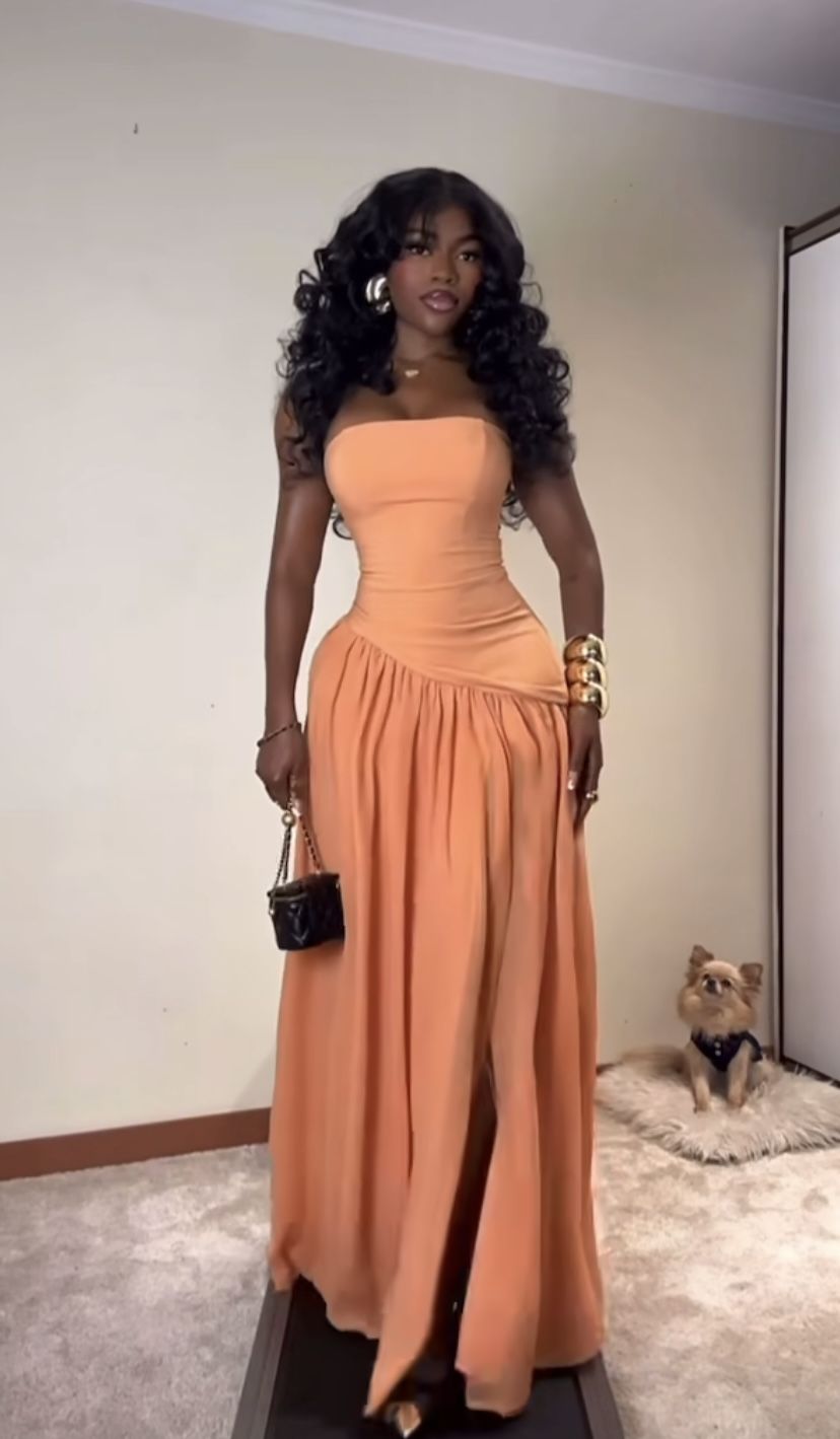 Simple Orange A-line Strapless Chiffon Long Prom Dress Evening Dress
