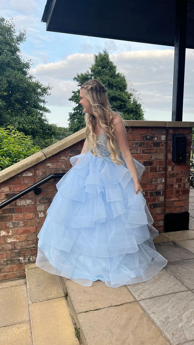 Sweet Light Blue A-line V neck Layered Tulle Long Prom Dress Evening Dress