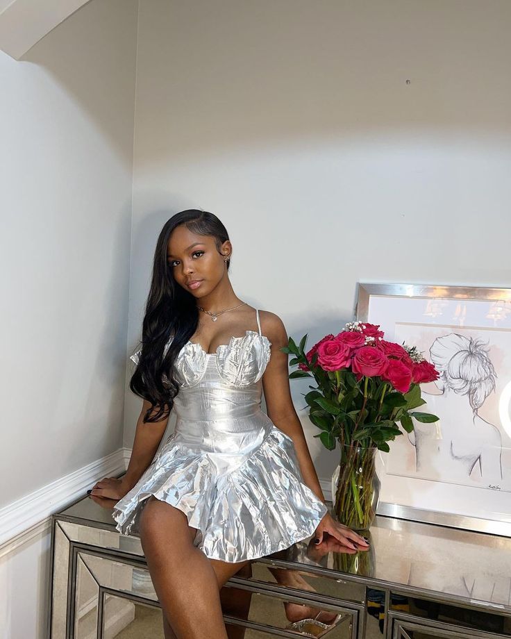 Glossy Silver Tube Top Puffy Suspenders 17th Birthday Homecoming Dress