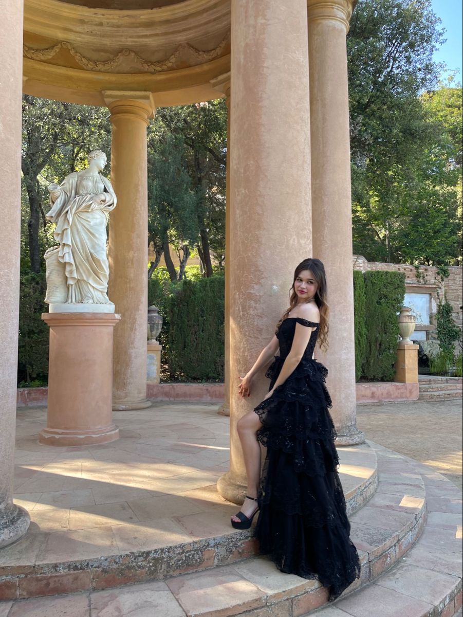 Elegant Black A-line Off-shoulder Layered Lace Tulle Slit Long Prom Dress Evening Dress