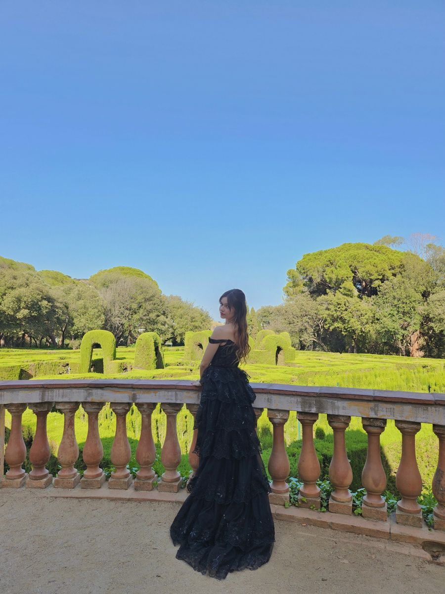 Elegant Black A-line Off-shoulder Layered Lace Tulle Slit Long Prom Dress Evening Dress