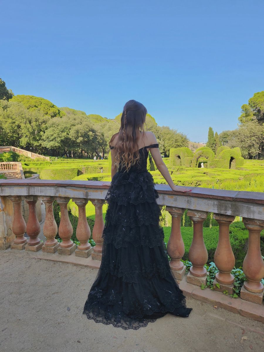 Elegant Black A-line Off-shoulder Layered Lace Tulle Slit Long Prom Dress Evening Dress