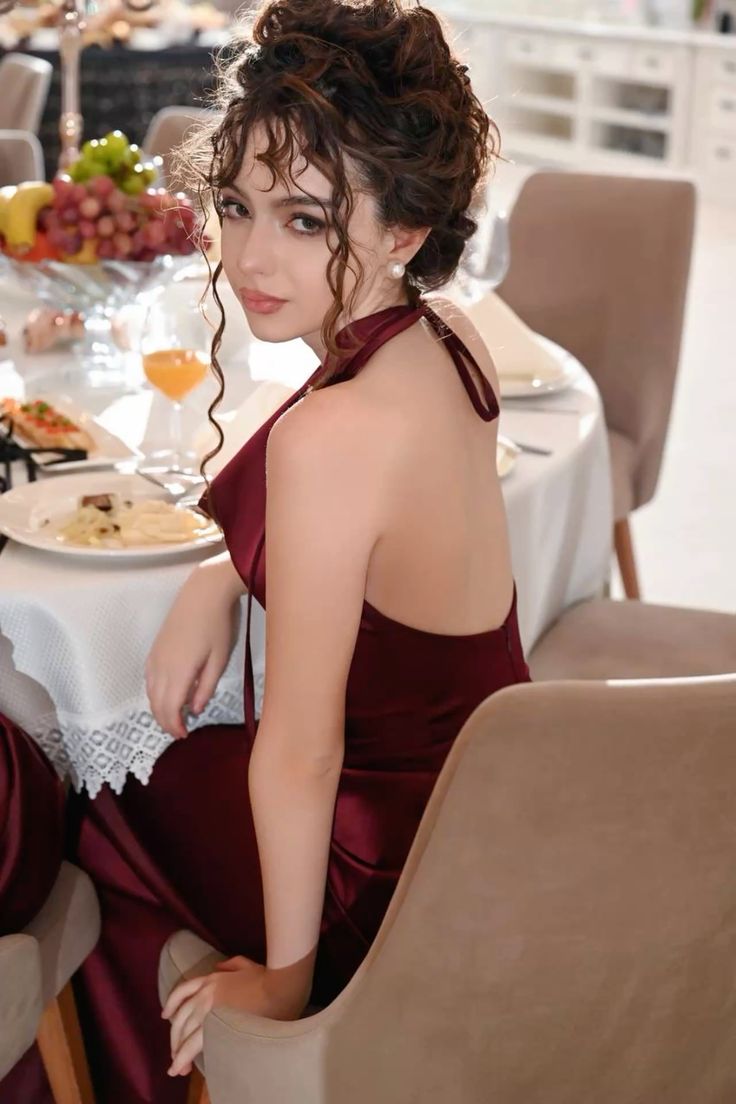 Elegant Burgundy Mermaid Halter Neck Backless Satin Long Prom Dress Evening Dress