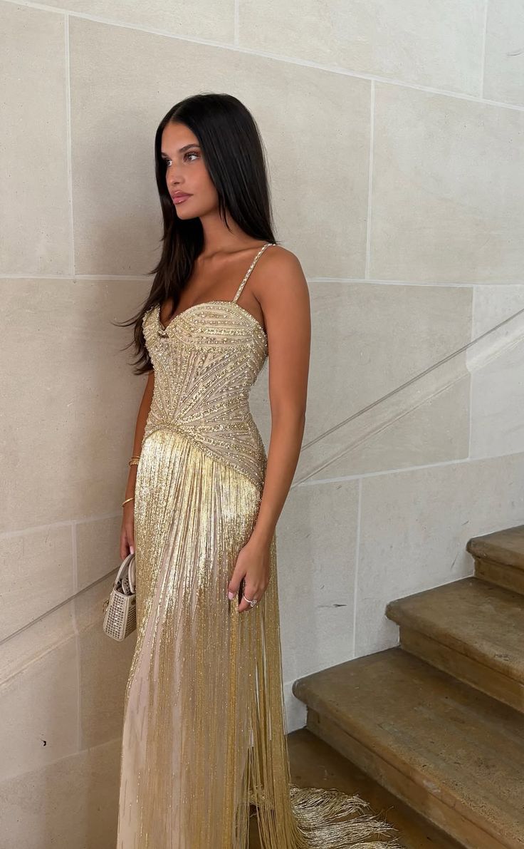 Gorgeous Gold Fitted Spaghetti Strap Sequined Tassel Long Prom Dress Evening Dress