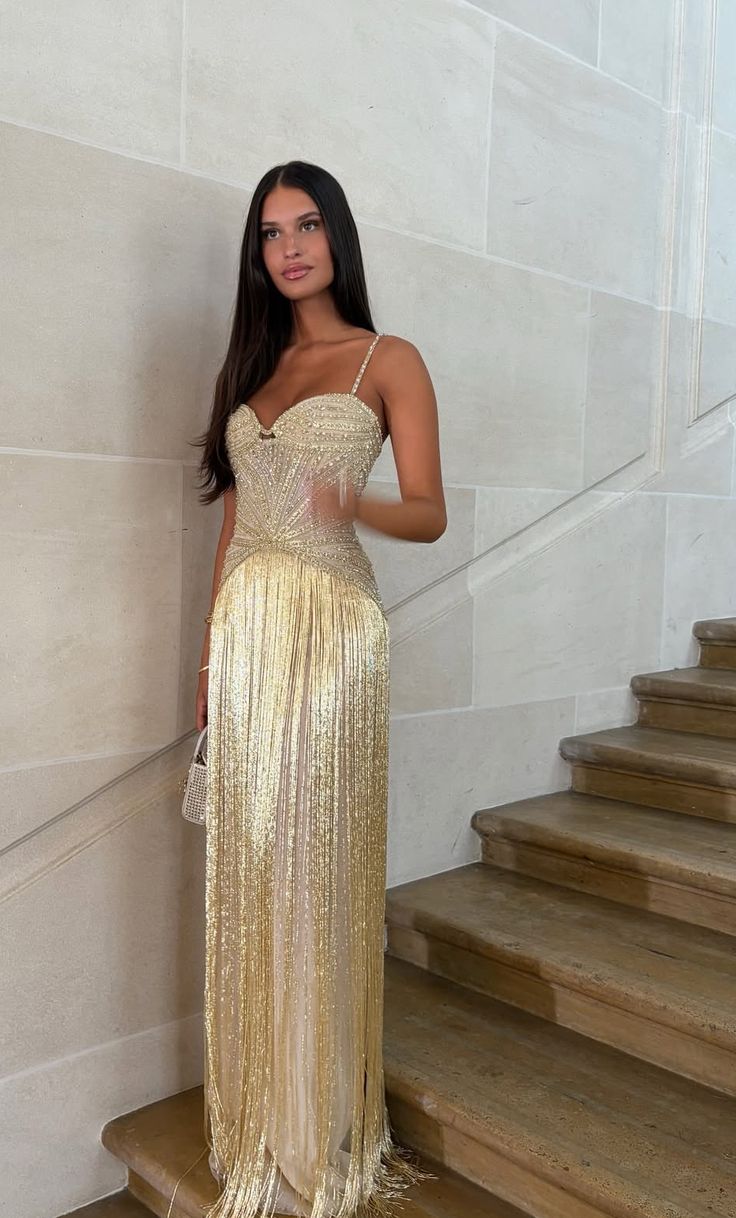 Gorgeous Gold Fitted Spaghetti Strap Sequined Tassel Long Prom Dress Evening Dress
