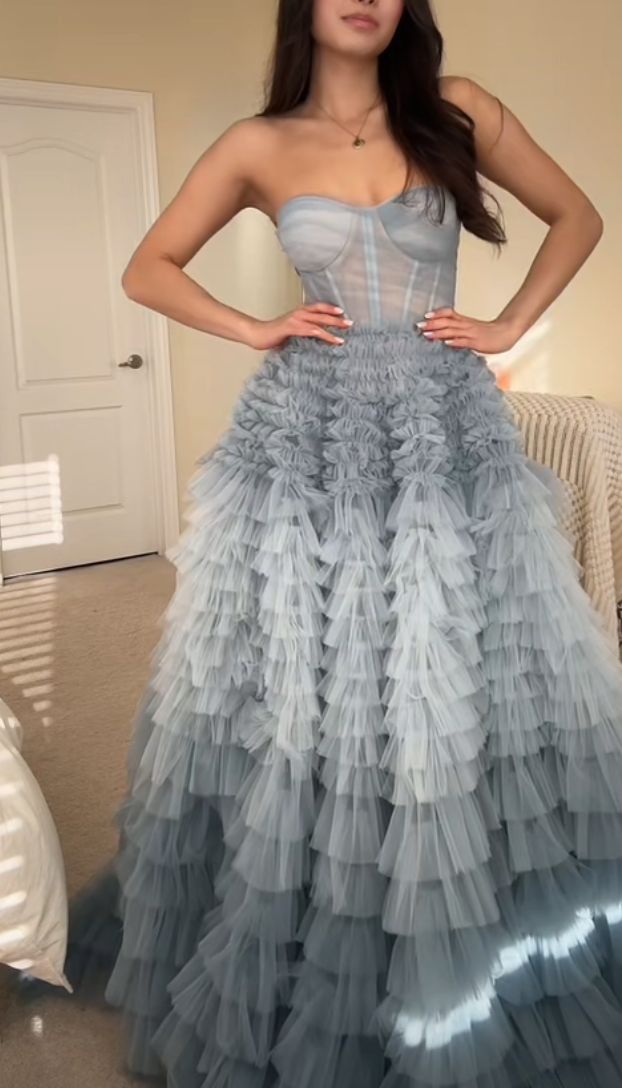 Dreamy Gray-blue A-line Strapless Layered Tulle Long Prom Dress Evening Dress